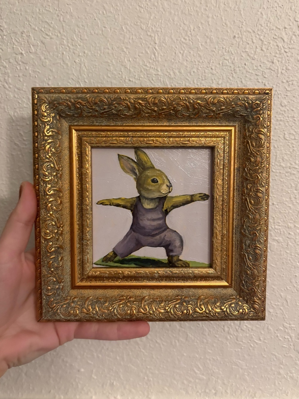 "Yoga Bunny” Original oil painting on wood board mini framed 4x4"